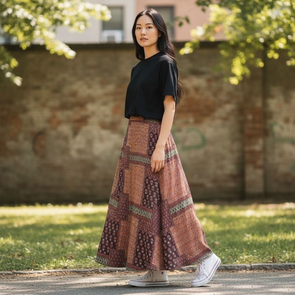 Sara Navon Skirt Womens XS Brown Boho Patchwork Maxi Floral Paisley Modest‎